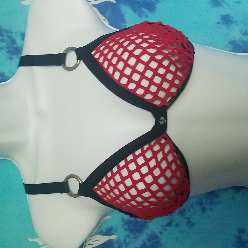 Hot Topic Blackheart Red & Black Fishnet Bra Sz Large